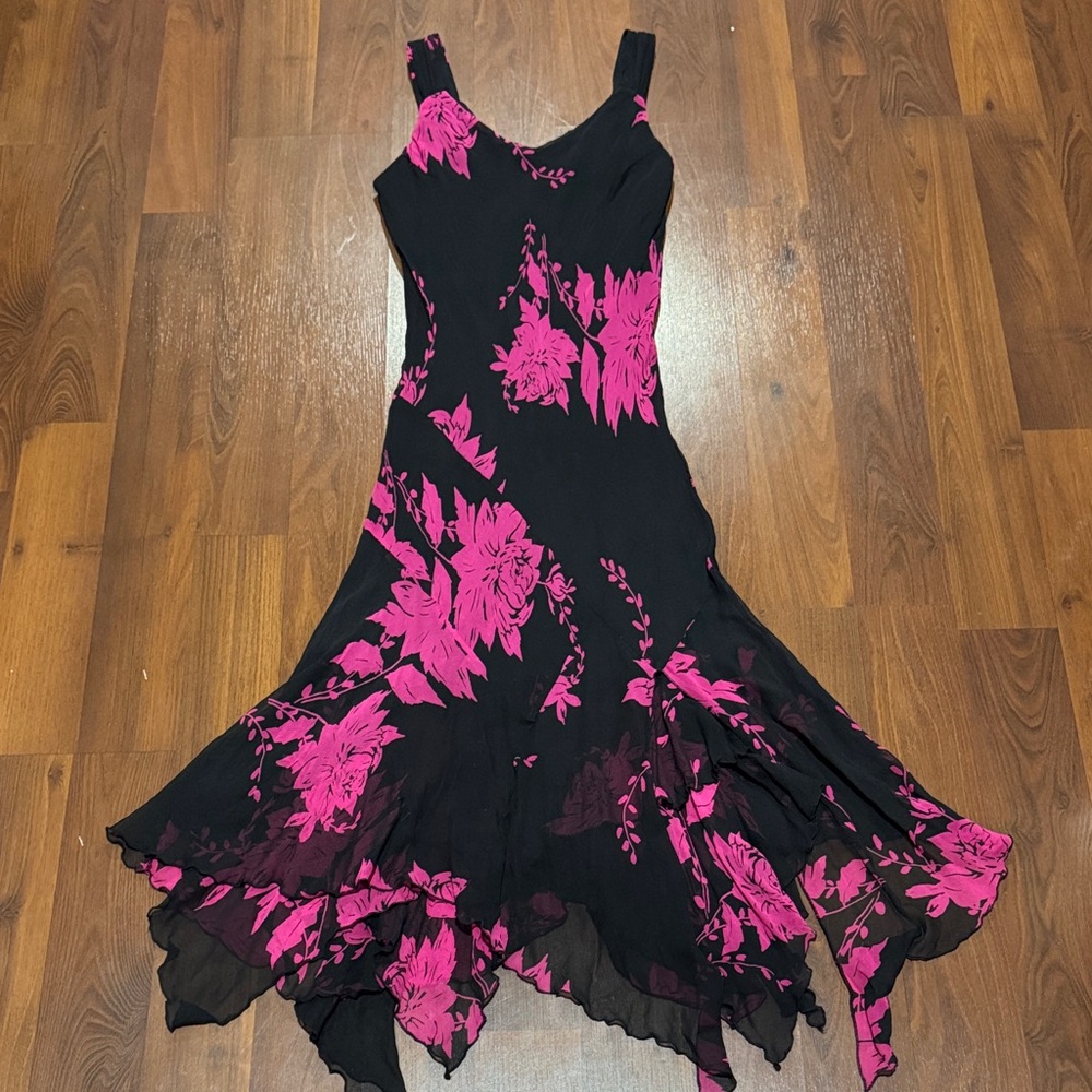 Vintage Dress Barn Silk Black & Hot Pink Floral Fit-and-Flare Dress Y2K